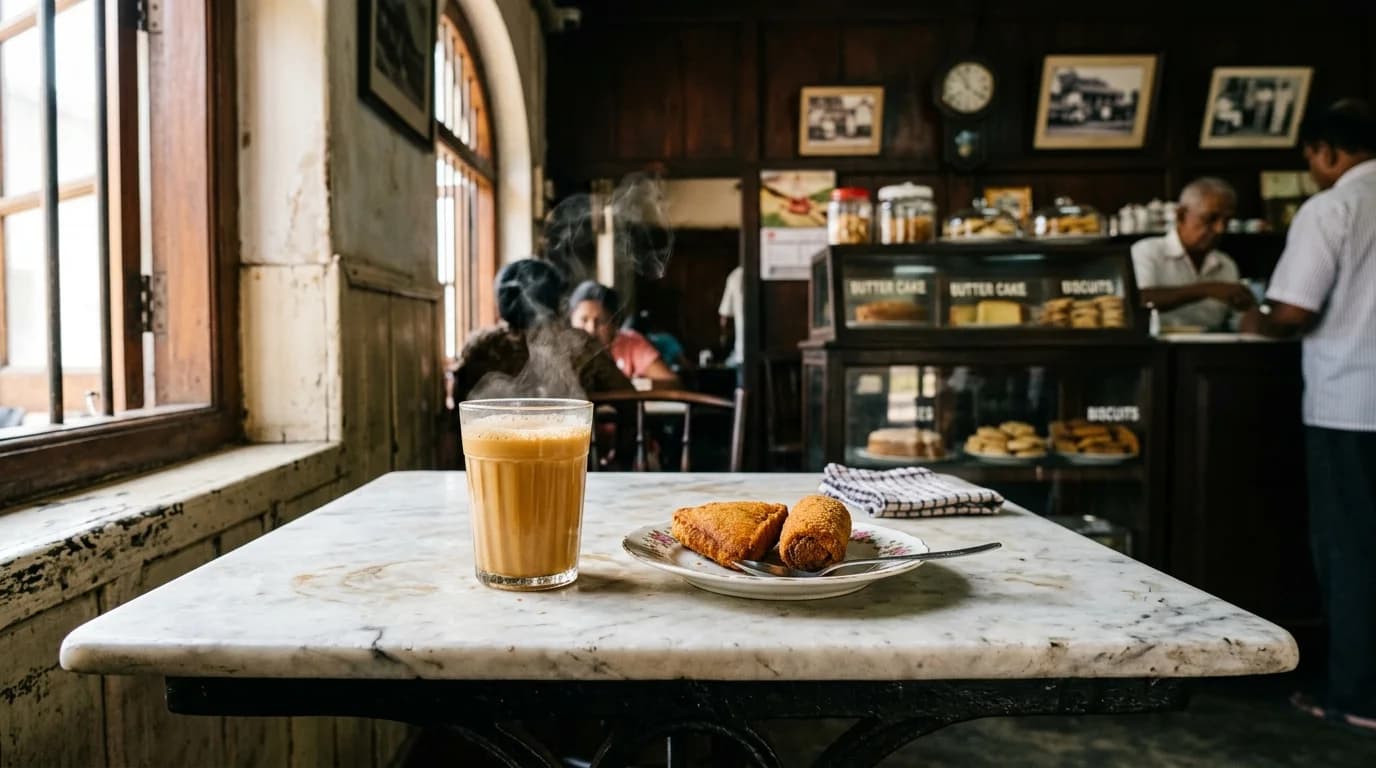 Steaming Ceylon milk tea in a classic glass tumbler with traditional short eats at National Tea Rooms on Church Street