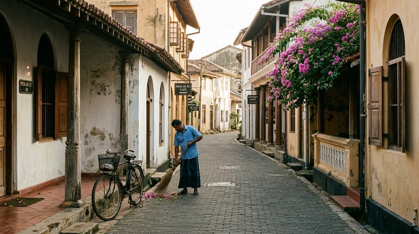 Early morning along Pedlar Street inside Galle Fort , quiet colonial verandas and long morning shadows before the midday heat arrives